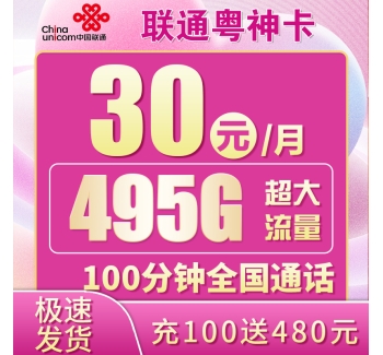 卡世界联通粤神卡30元495G+100分钟